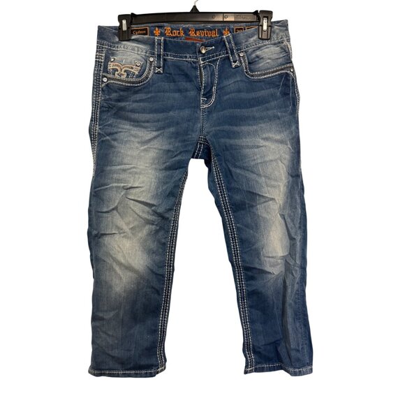 Rock Revival Capri Jeans Womens Size 30 Cyndee Mid-Rise Blue Distressed Denim - Picture 2 of 9